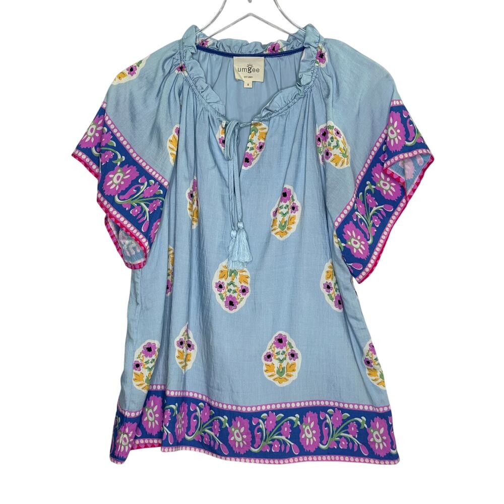 Umgee Blue Boho Floral Tassel Blouse S Contrast Trim V Neck Cottage Coastal